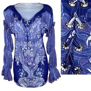 Roberto Cavalli Silk Floral Diamond Lace Up Ruffle Long Sleeve Top Blue 44 M